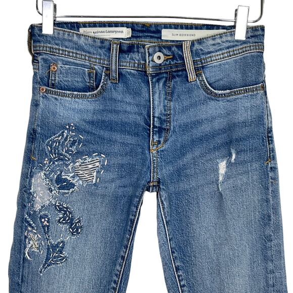 Anthropologie Pilcro Embroidered Slim Boyfriend Jeans 25 Distressed Patch Floral - Picture 5 of 7